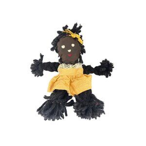 Handmade Vintage Yarn Rag Doll With Yellow Gingham Skirt & Bow 8 Inches Tall Sof